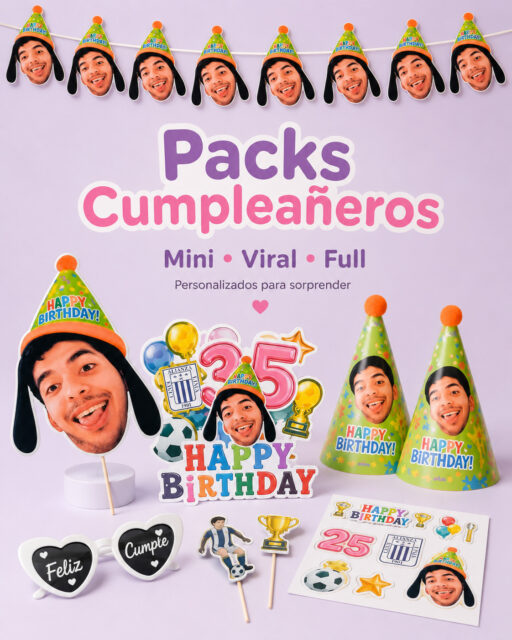 🎉 ¿Cumple a la vista? Haz que la fiesta tenga su propio show personalizado ✨

Creamos packs cumpleañeros con la foto, edad y temática que tú elijas para decorar torta, mesa, fotos y sorpresas.

Tenemos 3 opciones:

💜 **Pack Cumple Mini **
Ideal para un detalle bonito y personalizado.
Incluye topper principal, mini toppers, stickers, tarjetita o mini cartel A6 y empaque simple.

💜 **Pack Cumple Viral **
El pack estrella para fotos y celebración.
Incluye topper principal, mini toppers, carita grande, cadeneta, stickers personalizados y 3 lentes negros personalizados con vinil.

💜 **Pack Cumple Full**
El show completo para celebrar en grande.
Incluye todo lo del pack viral + 5 lentes, 5 gorritos personalizados con la cara del cumpleañero, poster A4 o A5 y mejor presentación.

🎂 Personalizamos con tu foto, temática favorita y edad.
📍Pedidos por DM o WhatsApp al 986157961 
⏰ Recomendamos pedir con 3 a 5 días de anticipación.

Escríbenos **“CUMPLE”** y te ayudamos a elegir el pack ideal 💕

Guárdalo si tienes un cumple cerca 🎉

#RegalosPersonalizados #RegalosPersonalizadosLima #RegalosLima #DetallesPersonalizados #CumpleañosPersonalizado #PackCumpleaños #PackCumpleañero #DecoracionCumpleaños #FiestaPersonalizada #TopperPersonalizado #StickersPersonalizados #ToppersPersonalizados #CumpleañosLima #FiestasLima #RegalosPeru #EmprendimientoPeruano #HechoEnPeru #AbaguaRegalos #IdeasParaCumpleaños #RegalosOriginales #CelebracionPersonalizada #DetallesBonitos